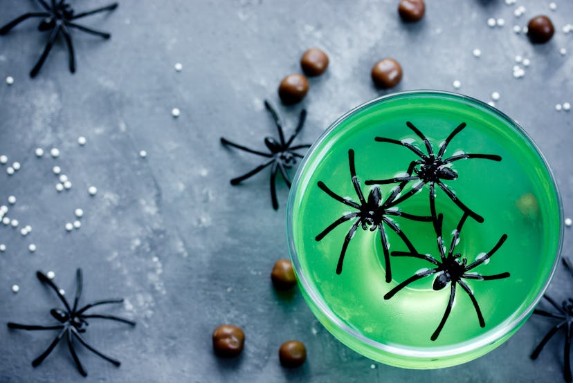 Green witch drink or jelly in glass with spiders, Halloween food idea top view