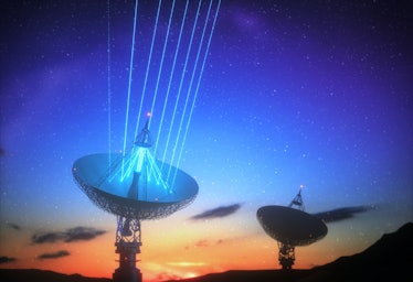 Huge satellite antenna dish for communication and signal reception out of the planet Earth. Observat...