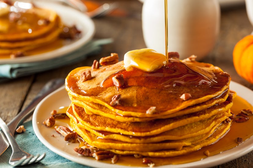 Homemade Pumpkin Pancakes with Butter Pecans and Maple Syrup