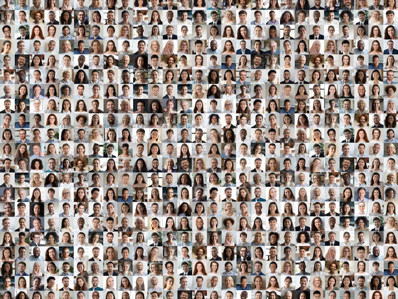 Lot of different multiracial people headshots portraits in square collage mosaic image. Many hundred...