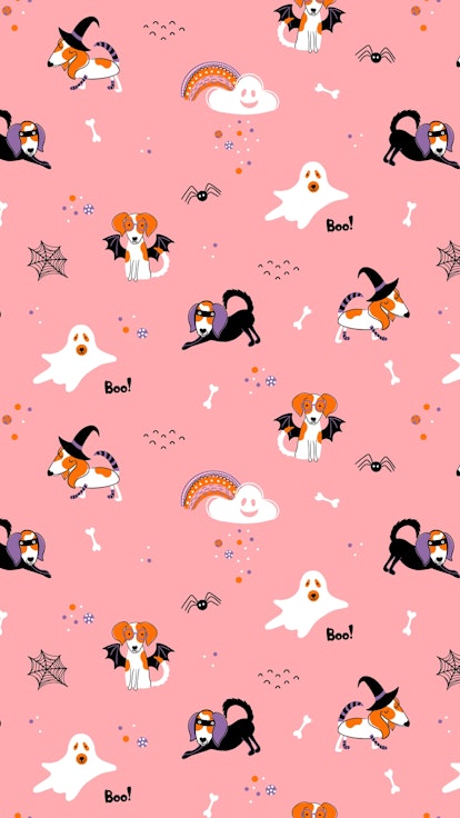 Vector Halloween seamless pattern with cute characters. Childish hand drawn background with dogs in ...