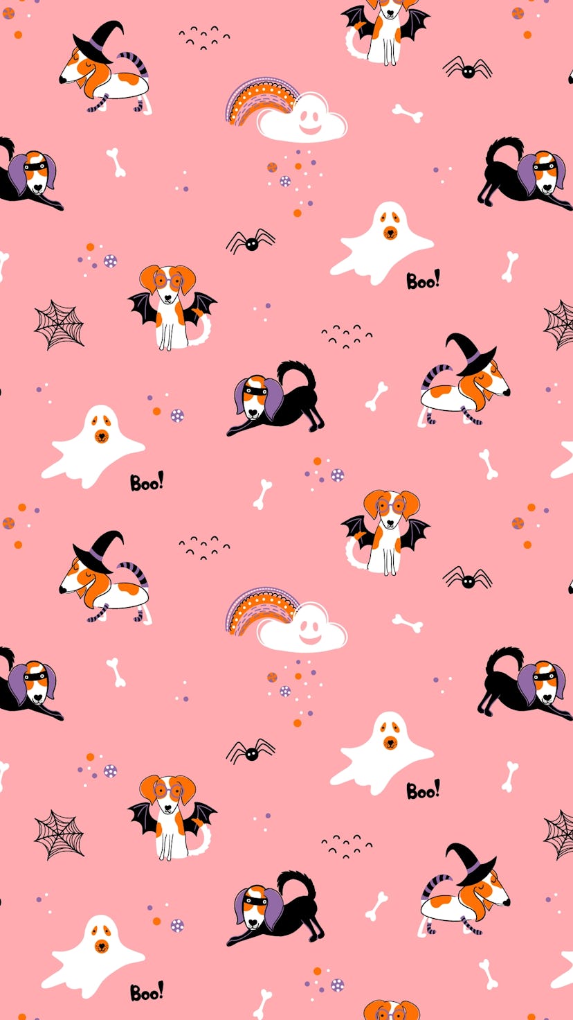Vector Halloween seamless pattern with cute characters. Childish hand drawn background with dogs in ...