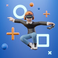3D cartoon character man wearing virtual reality glasses and floating in the air playing a video gam...