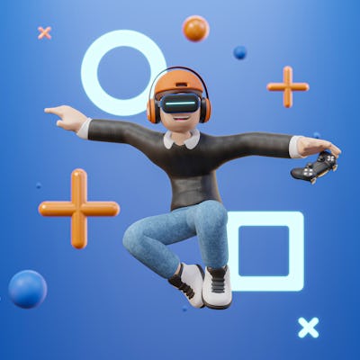 3D cartoon character man wearing virtual reality glasses and floating in the air playing a video gam...