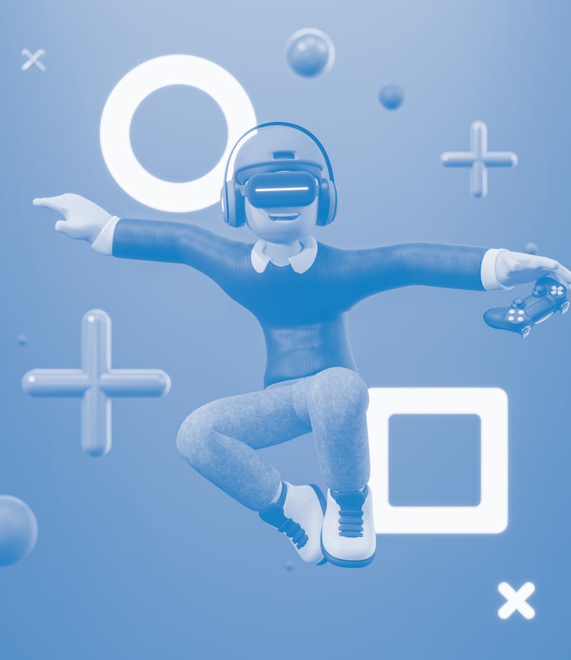 3D cartoon character man wearing virtual reality glasses and floating in the air playing a video gam...