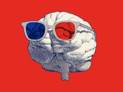Monochrome blue retro engraving human brain with stereoscopic 3d eyeglasses vector illustration in f...