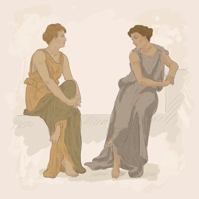 Two ancient Greek women in tunics sit on the parapet and have a conversation. Vector image on beige ...