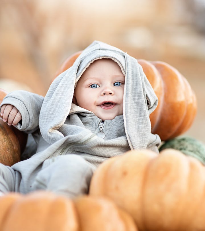 Cute little baby boy in a Bunny costume among a crop of pumpkins.