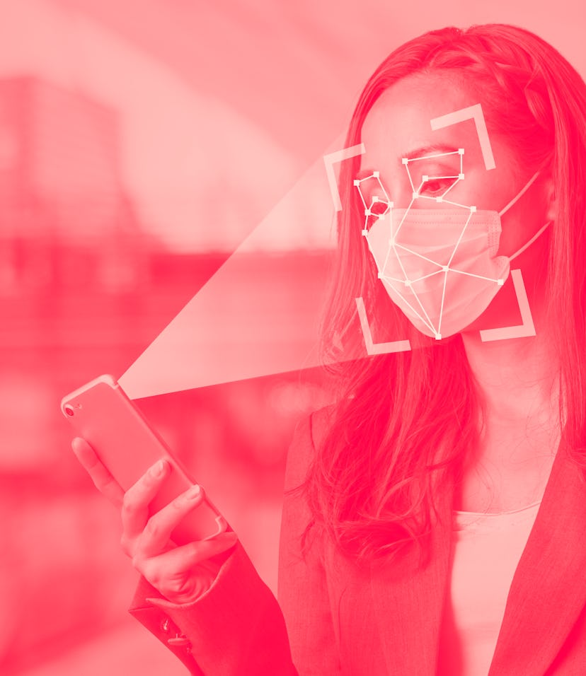 Authentication by facial recognition with surgical mask. Biometric. Security system.