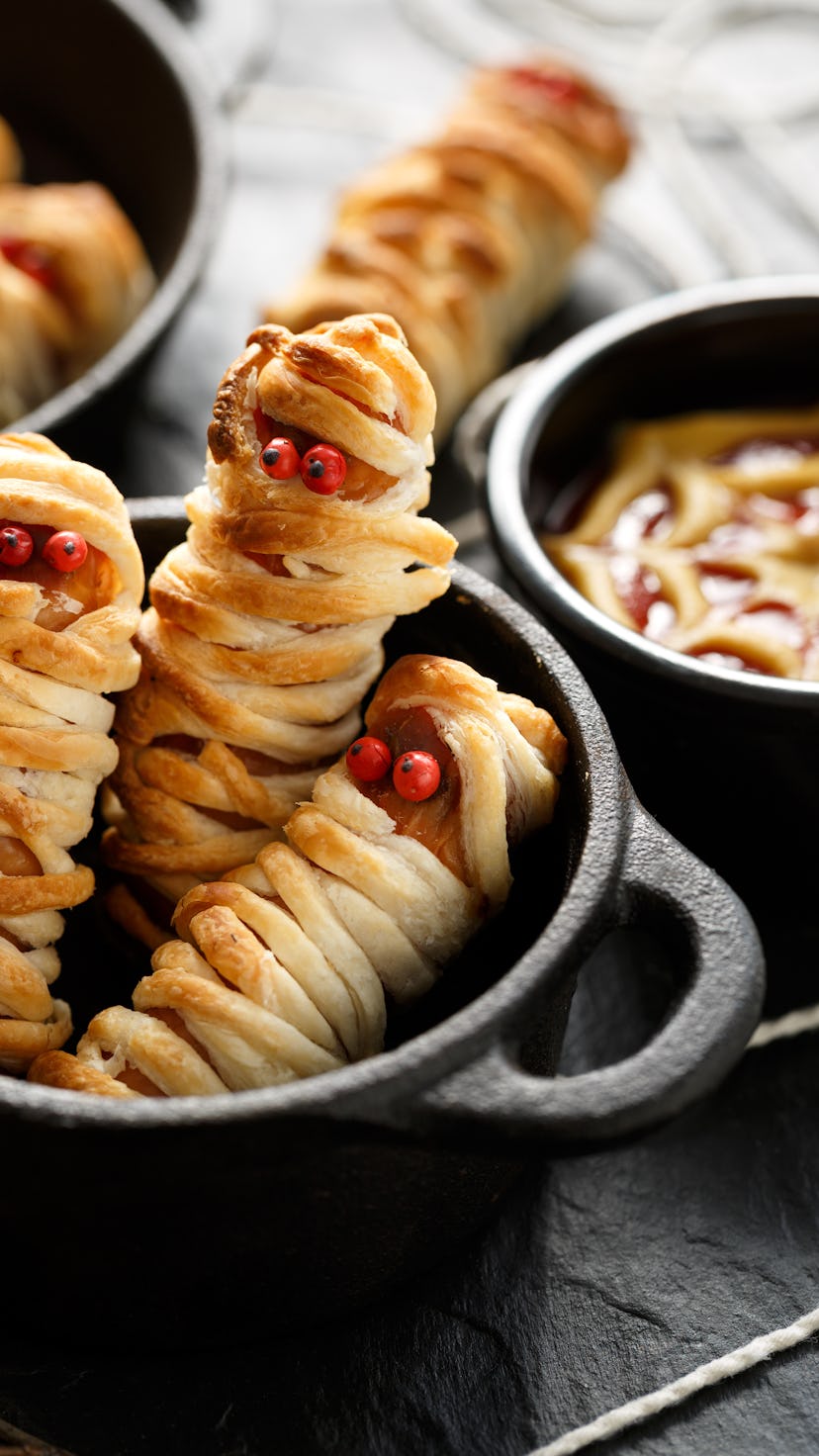 Mummy dogs close up view. Halloween food idea for  party