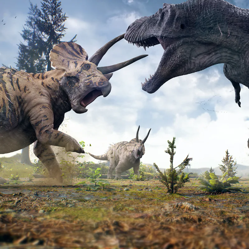 3D rendering of Tyrannosaurus Rex facing off against a Triceratops herd in Hell Creek about 67 milli...