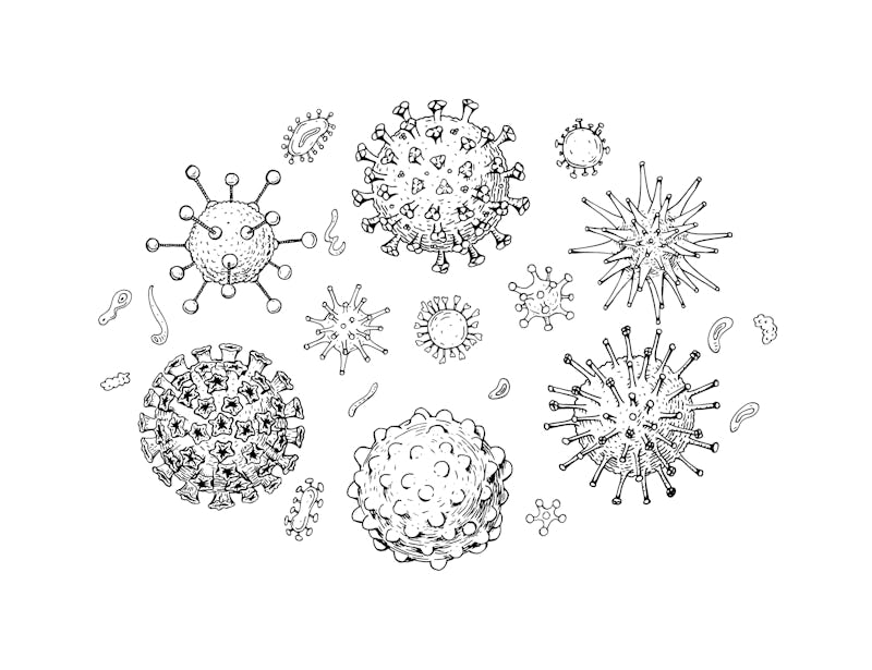 Set of hand drawn viruses types (coronavirus, papillomavirus, herpes, influenza, hepatitis, adenovir...