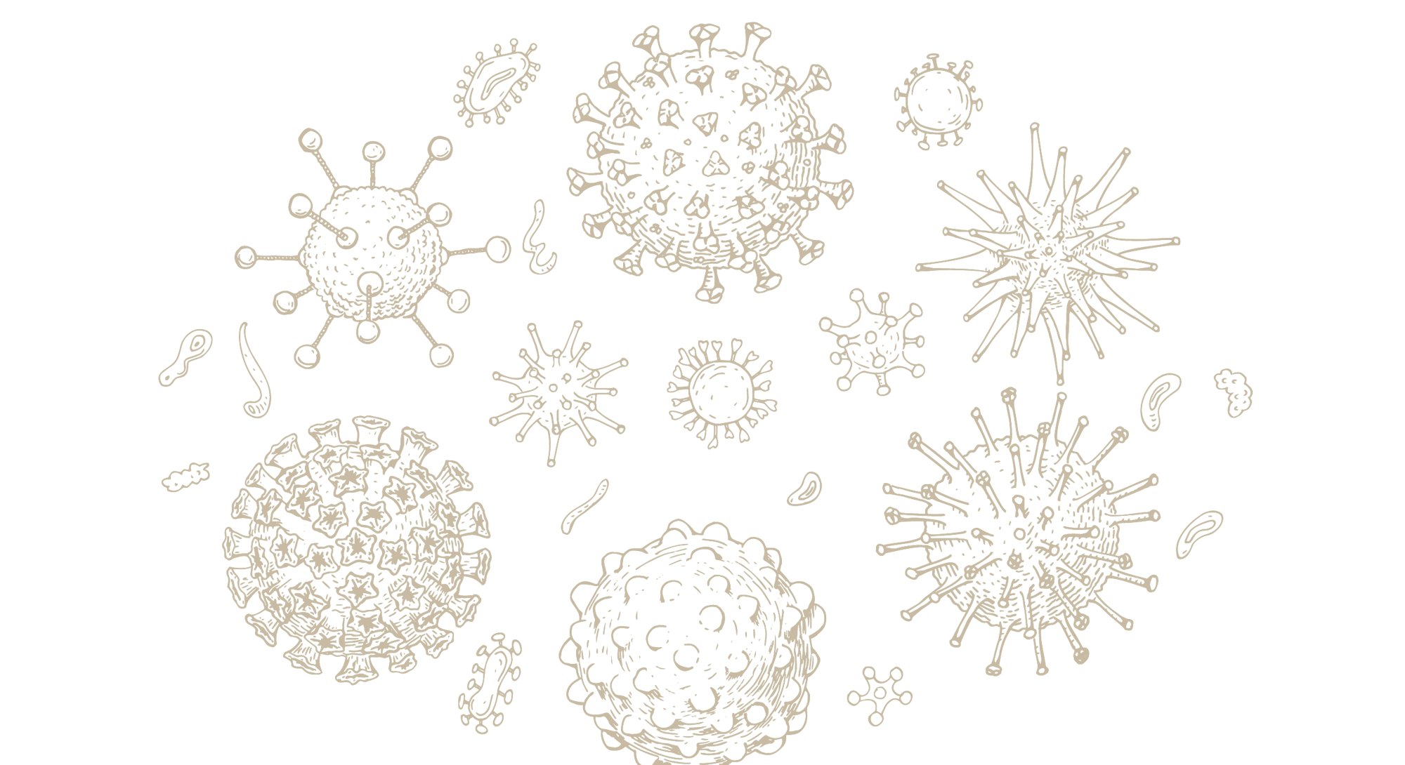 Set of hand drawn viruses types (coronavirus, papillomavirus, herpes, influenza, hepatitis, adenovir...