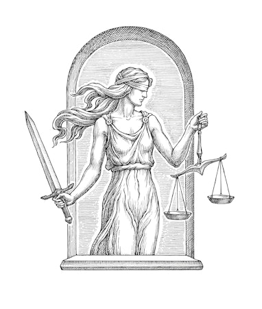 Hand drawn illustration in the engraving style, the goddess of justice Themis with a sword and libra...