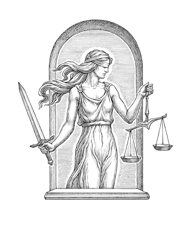 Hand drawn illustration in the engraving style, the goddess of justice Themis with a sword and libra...