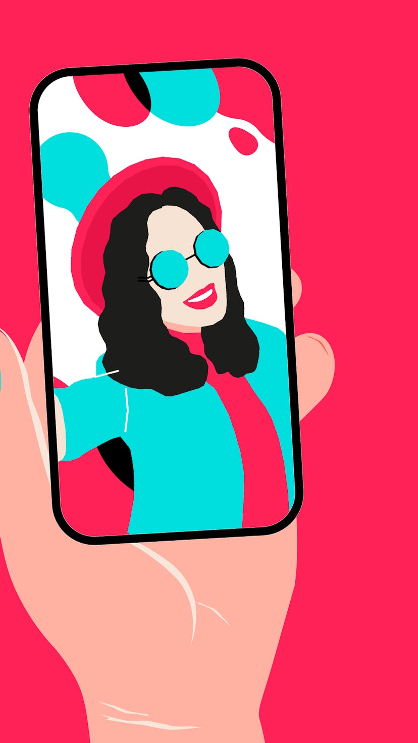 Tiktok Influencer young girl bloger making video content. Social network streaming illustration temp...