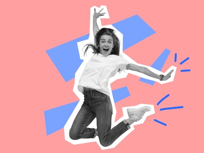 Jumping astonished, happy caucasian woman. Collage in magazine style with bright pink background. Fl...