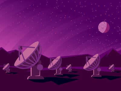 Radio telescopes track the stars at night. Flat style illustration with satellite dishes in the vall...