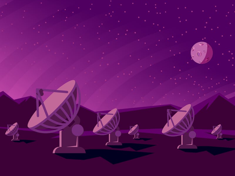 Radio telescopes track the stars at night. Flat style illustration with satellite dishes in the vall...