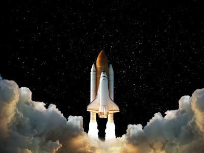 3D illustration,Launch of Space,Spaceship takes off into the night sky.Rocket starts into space conc...