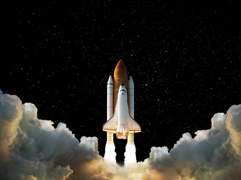 3D illustration,Launch of Space,Spaceship takes off into the night sky.Rocket starts into space conc...