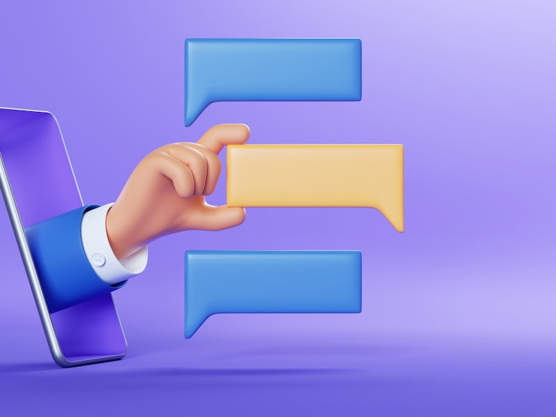 3d illustration. Cartoon character businessman hand with blank chat balloons, sticking out the smart...