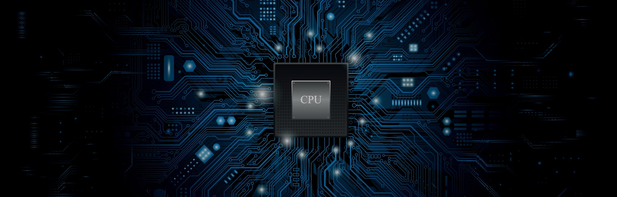 Futuristic microchip processor with lights on the blue background. Quantum computer, large data proc...