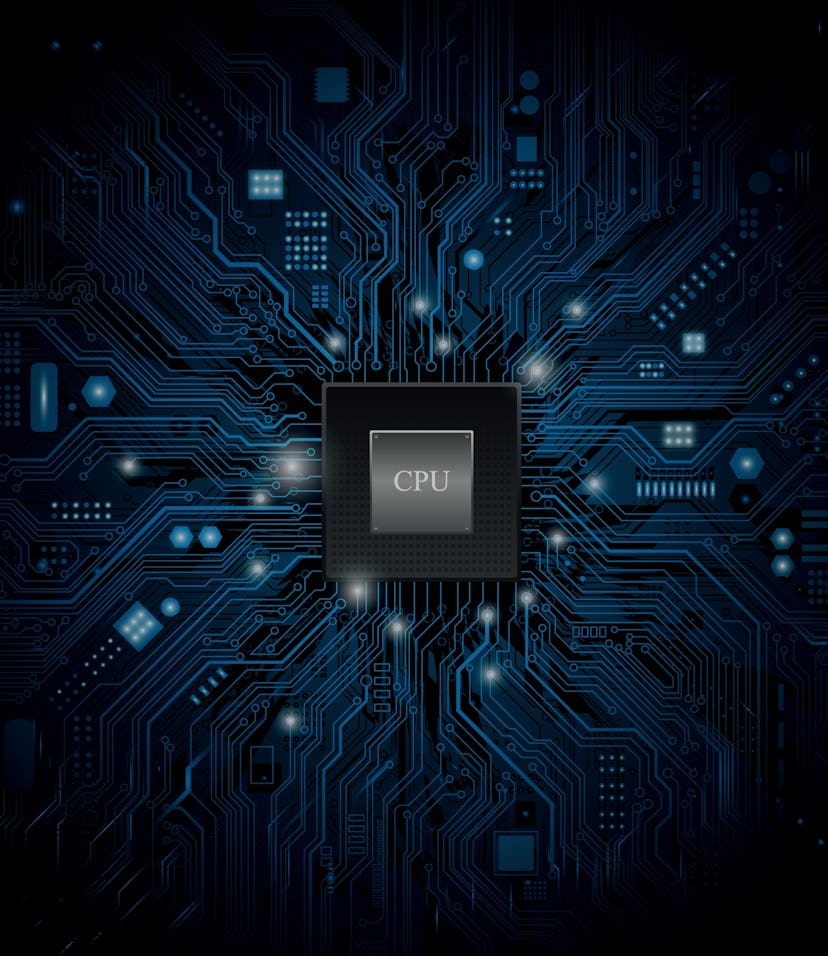 Futuristic microchip processor with lights on the blue background. Quantum computer, large data proc...