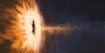 The scene of a black hole devouring a spaceship, digital painting, 3D illustration.