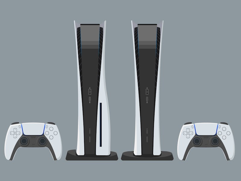 Color illustration of set game console with wireless gamepad. Vector set of two consoles flat and sl...