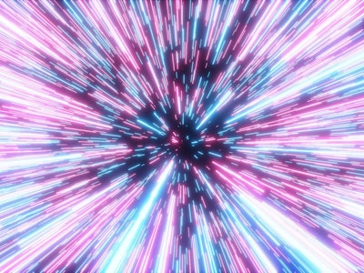 Lightspeed time travel through a wormhole. Magical burst of light that creates colorful glowing neon...