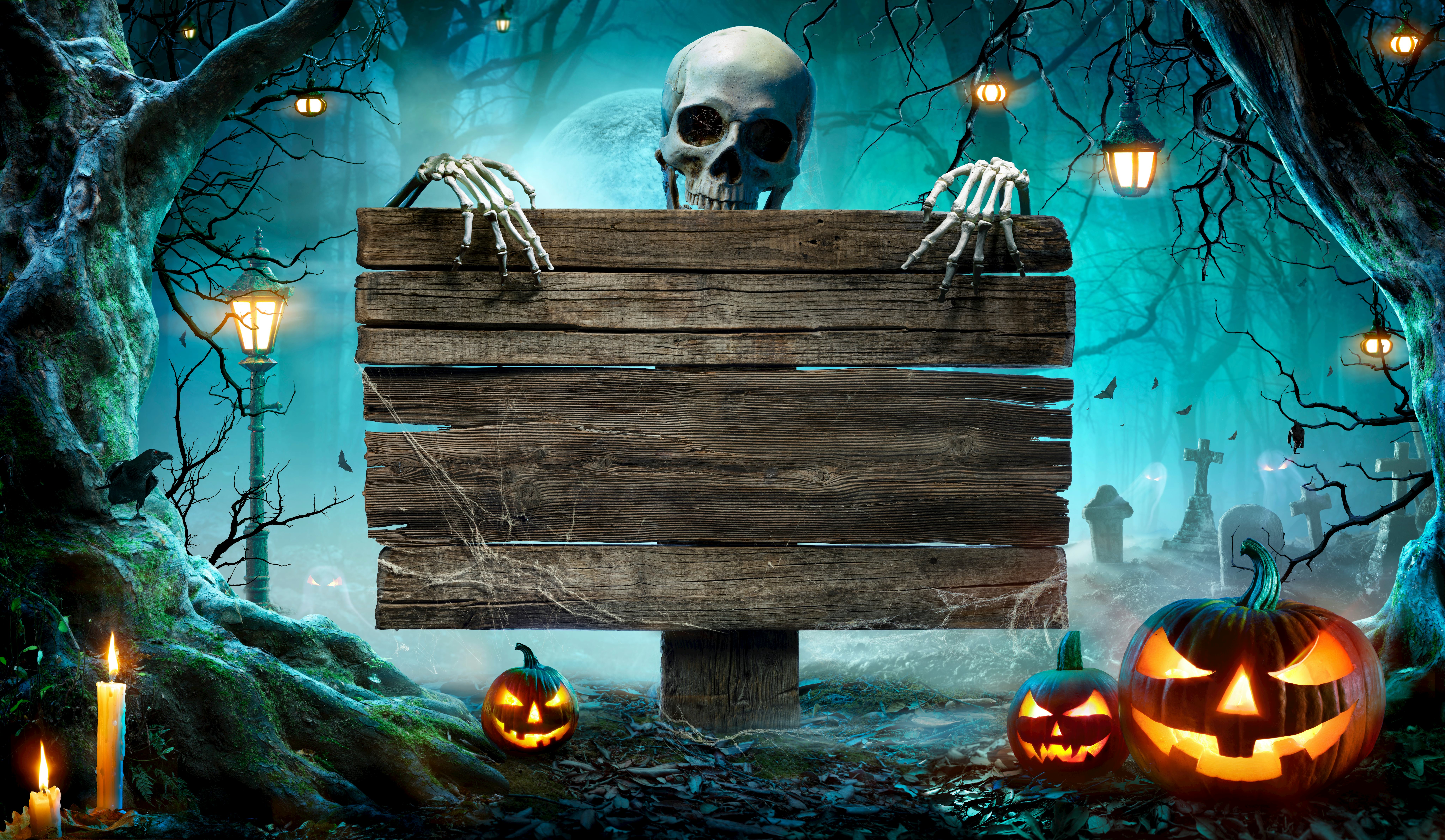 Halloween Party Card - Pumpkins And Skeleton In Graveyard At Night With Wooden Board 