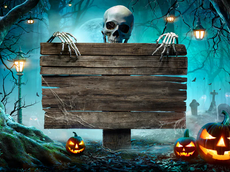 Halloween Party Card - Pumpkins And Skeleton In Graveyard At Night With Wooden Board