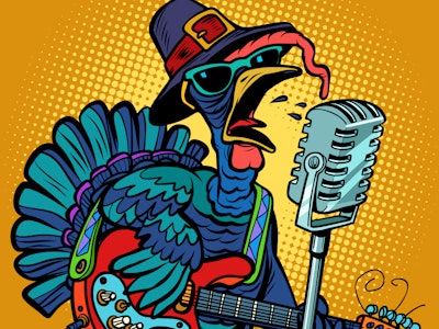 Thanksgiving Turkey character singer. Holiday party. Comic cartoon pop art retro vector illustration