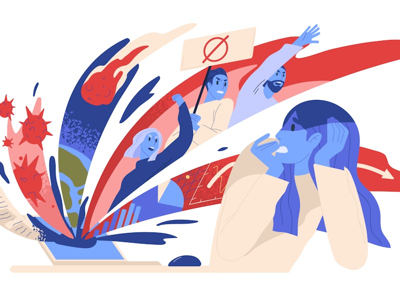 Woman suffering from panic attack after reading news online. Anxious posts in social media. Concept ...
