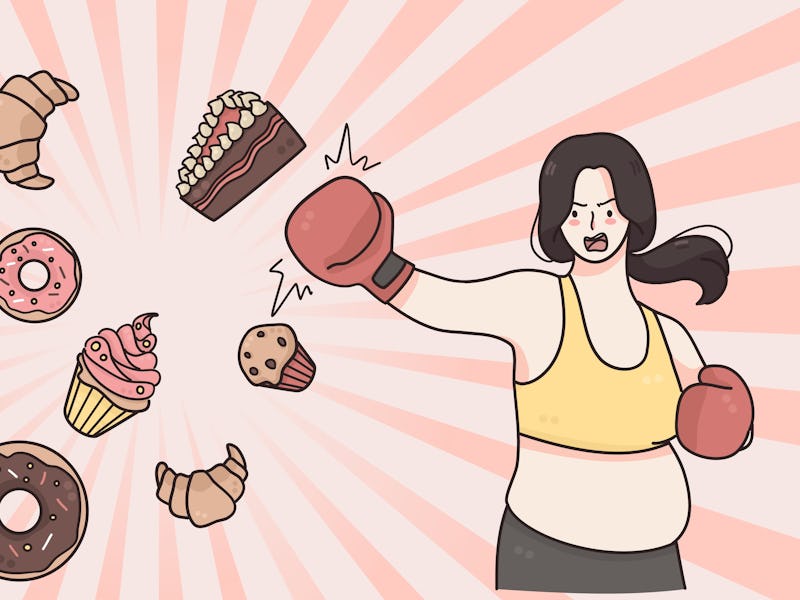 Dieting, weight loss healthy lifestyle concept. Fat girl in fitness costume cartoon character standi...
