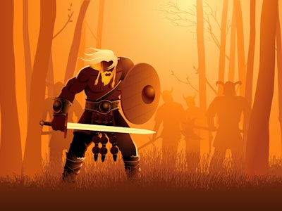 Vector illustration of Viking warriors lurking in the woods