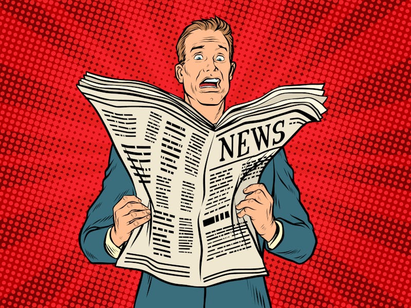 bad news in the newspaper. Businessman shocked. Pop art retro vector illustration