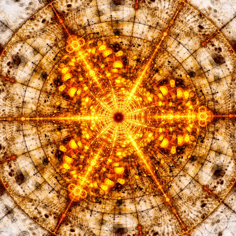 Fiery futuristic detector in particle collider, computer generated abstract background, 3D rendering
