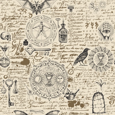 Vector seamless pattern on a theme of alchemy in vintage style. Abstract background with hand-drawn ...