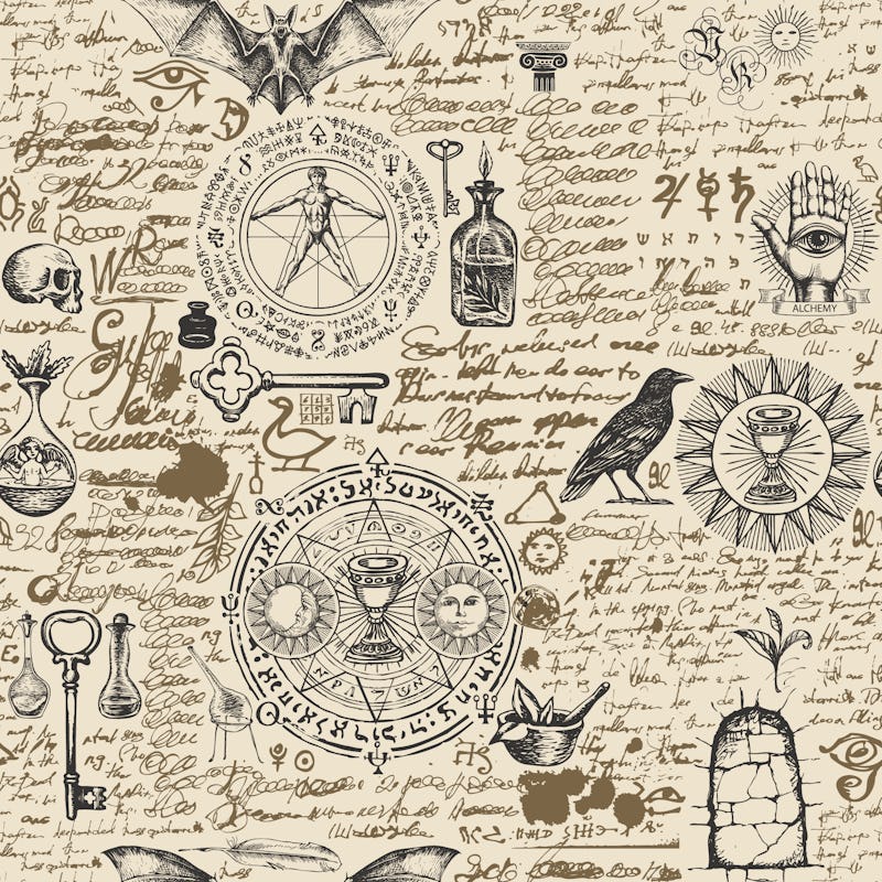 Vector seamless pattern on a theme of alchemy in vintage style. Abstract background with hand-drawn ...