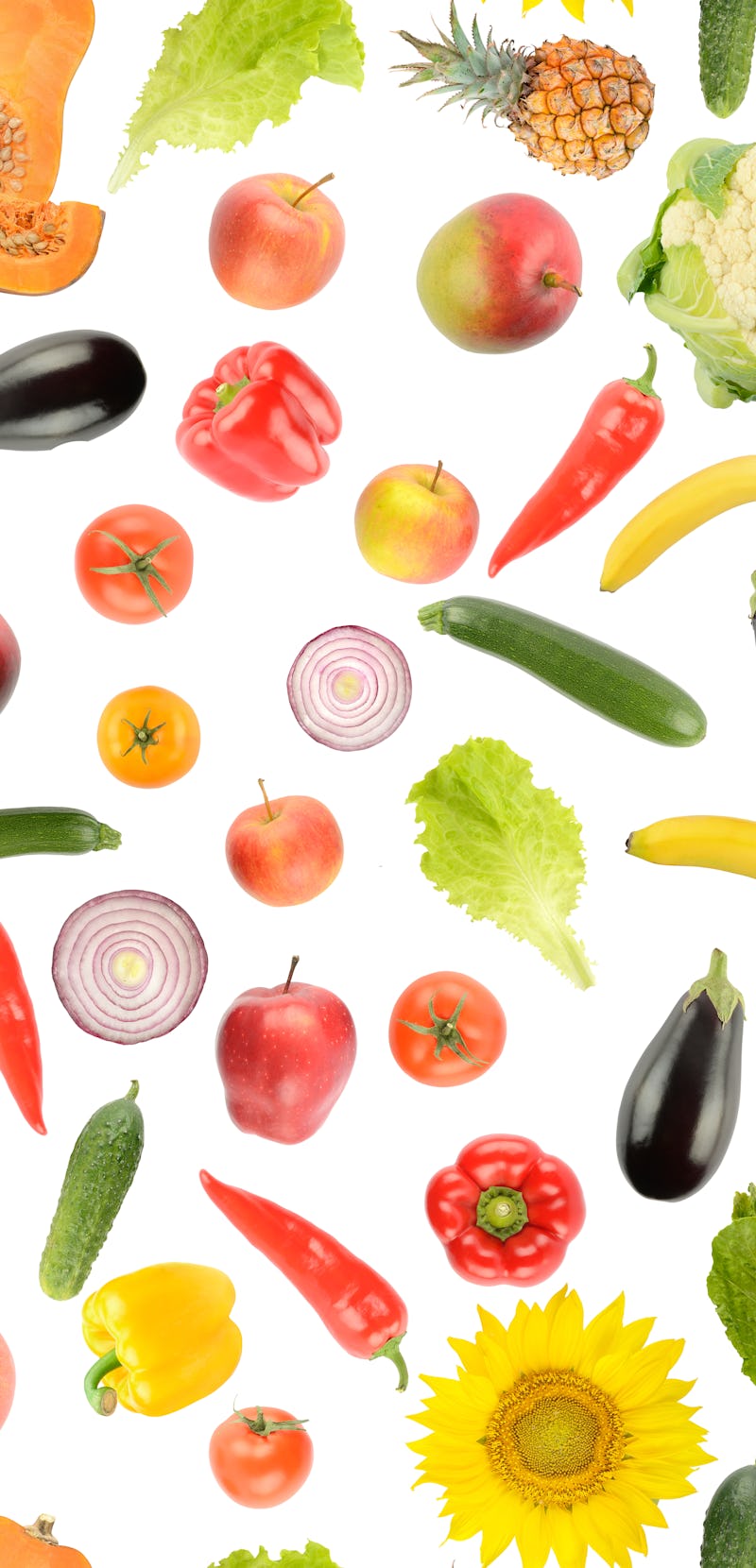 Large square set of vegetables and fruits isolated on white background. Seamless texture.