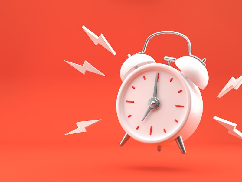 White vintage ringing alarm clock on bright red background. Modern design, 3d rendering.