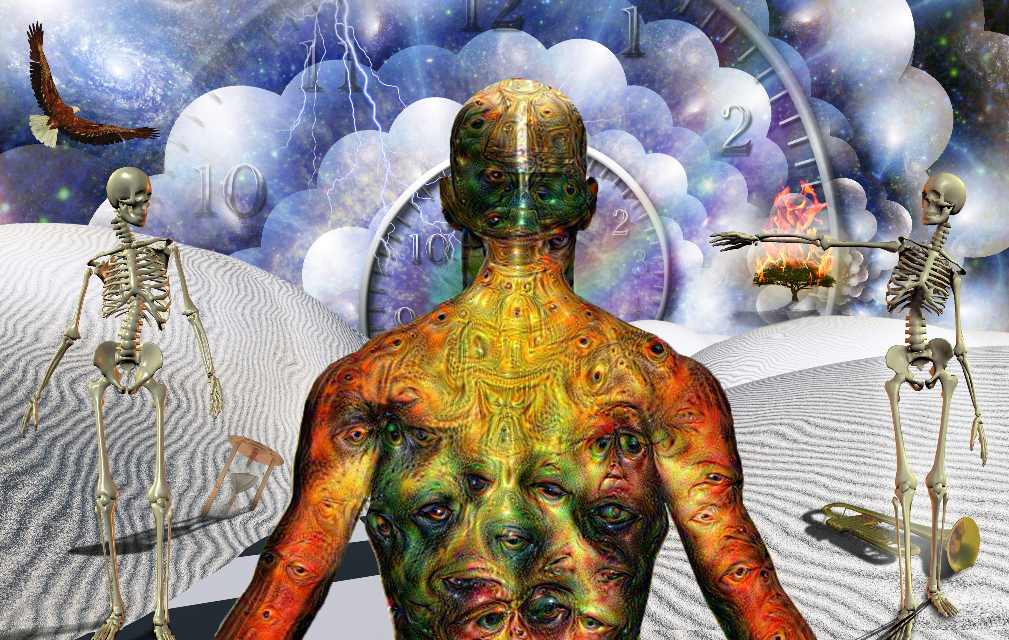 Man with weird eyes on body stands in surreal desert with trumpet and two skeletons.  Multilayered s...