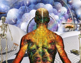 Man with weird eyes on body stands in surreal desert with trumpet and two skeletons. Multilayered s...