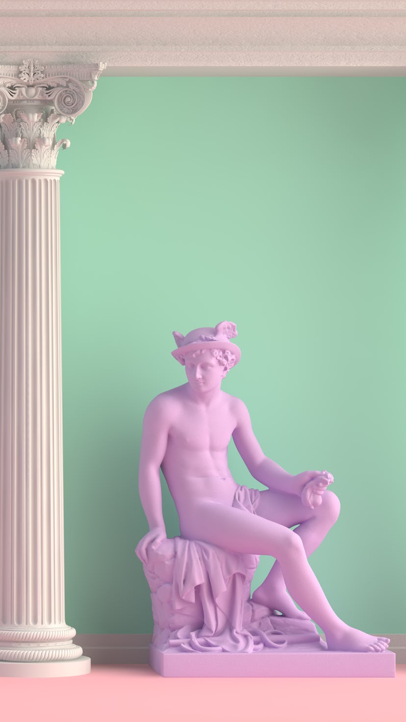 3d-illustration of interior with antique statues Discobolus, Venus, nymph. 3d-render.