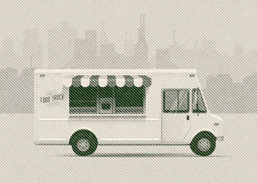 Side View Food Truck with City Landscape on the Background. High Detailed Vector Illustration. Food ...