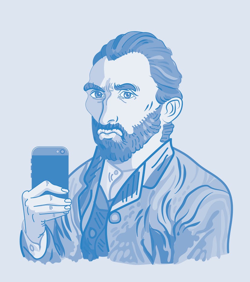 Funny creative drawing of Vincent Van Gogh taking a selfie and making a duck face.