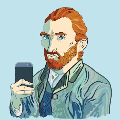 Funny creative drawing of Vincent Van Gogh taking a selfie and making a duck face.