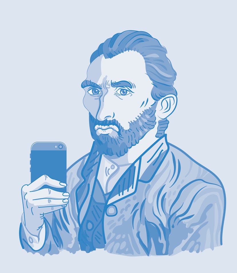Funny creative drawing of Vincent Van Gogh taking a selfie and making a duck face.